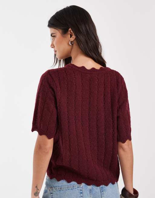 Pieces frill trim short sleeve knitted cardigan in burgundy, 4 of 4