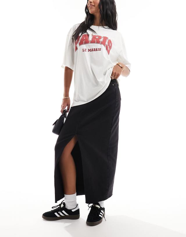 Pieces - front slit denim maxi skirt in black