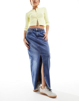 Pieces front slit denim maxi skirt in mid blue