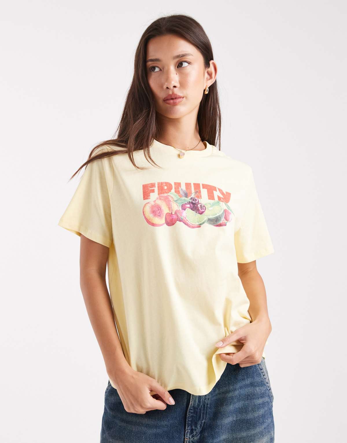 Pieces 'fruity' graphic printed t-shirt in pale yellow