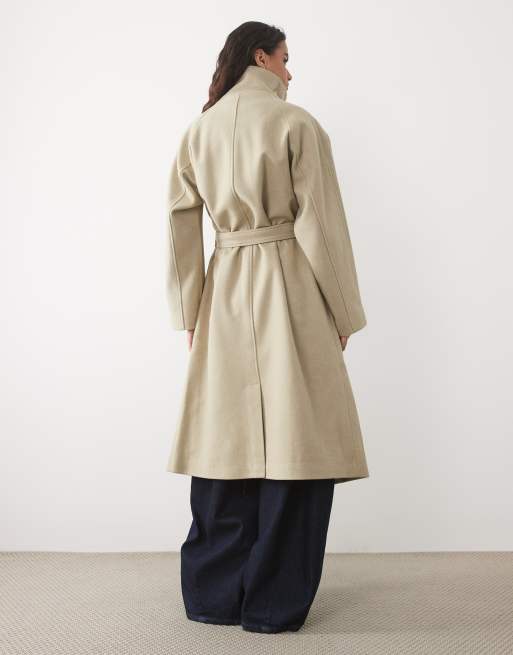 Pieces funnel neck belted formal wool-feel coat in beige , 2 of 4