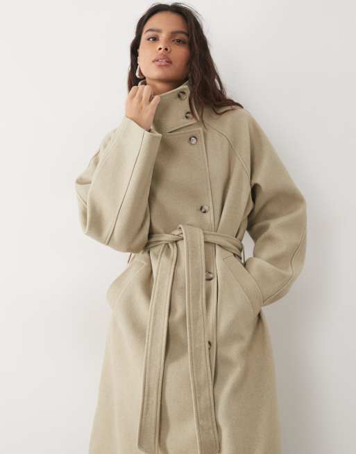 Pieces funnel neck belted formal wool-feel coat in beige , 3 of 4