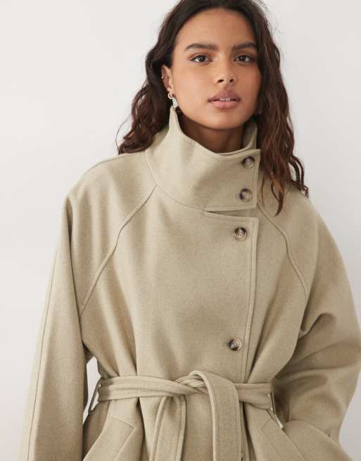 Pieces funnel neck belted formal wool-feel coat in beige , 4 of 4