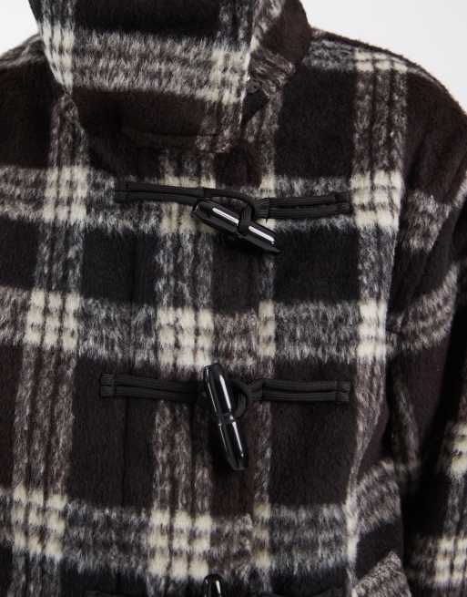 PIECES funnel neck coat with toggle fastenings in brown check print, 4 of 4