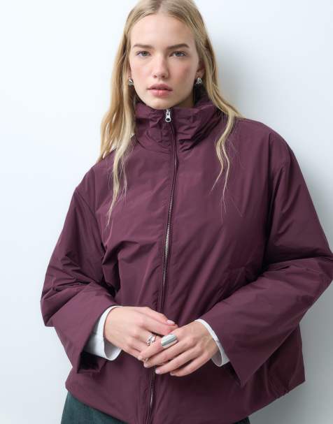 Pieces funnel neck padded jacket with toggle trim in burgundy - view 1