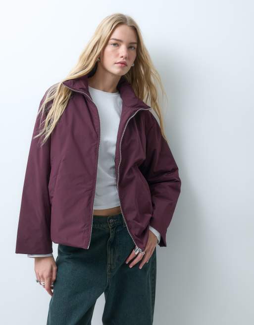 PIECES funnel neck padded jacket with toggle trim in burgundy, 4 of 4