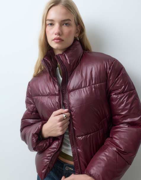Pieces funnel neck short padded coat in burgundy - view 1