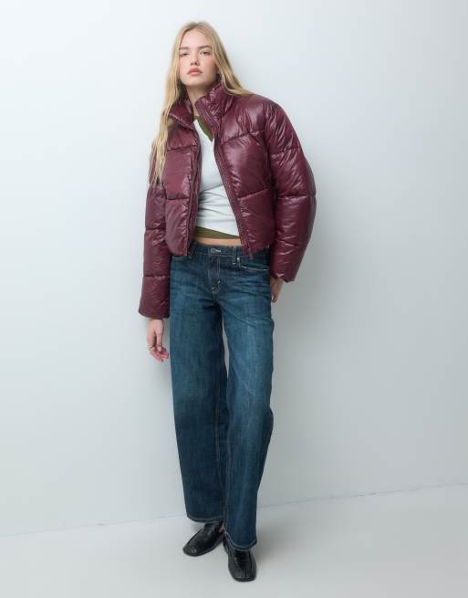 Pieces funnel neck short padded coat in burgundy, 2 of 4