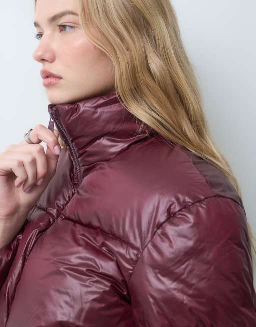 Pieces funnel neck short padded coat in burgundy, 3 of 4