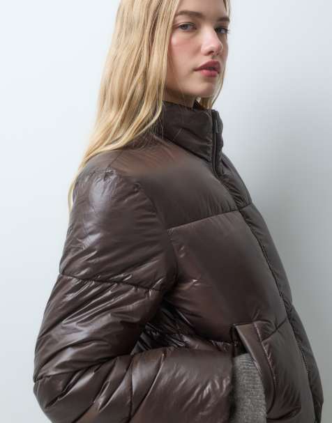 Pieces funnel neck short padded coat in chocolate brown - view 1