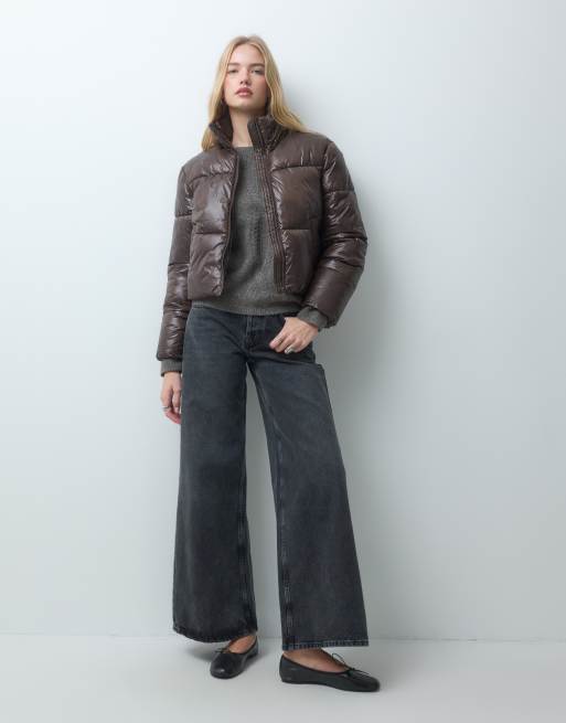 Pieces funnel neck short padded coat in chocolate brown, 2 of 4