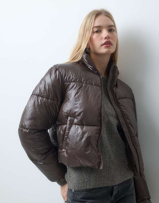 Pieces funnel neck short padded coat in chocolate brown, 3 of 4