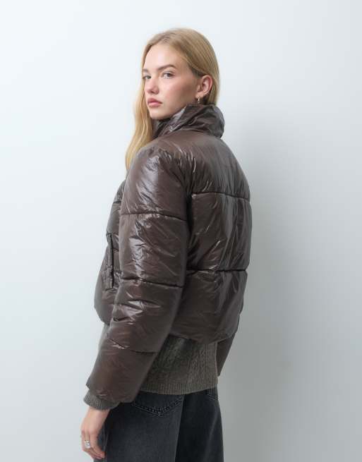 Pieces funnel neck short padded coat in chocolate brown, 4 of 4