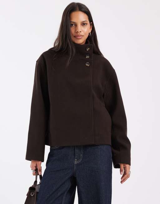 Pieces funnel neck short wool-look coat in dark brown, 4 of 4