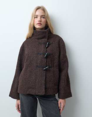 Pieces Funnel Neck Textured Short Jacket With Toggle Fastening In Brown