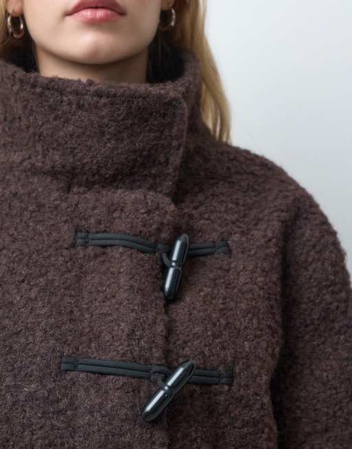 Pieces funnel neck textured short jacket with toggle fastening in brown, 2 of 4