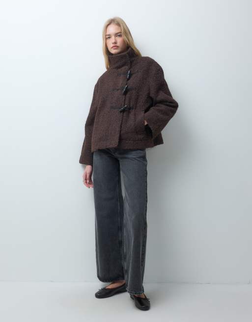 Pieces funnel neck textured short jacket with toggle fastening in brown, 3 of 4