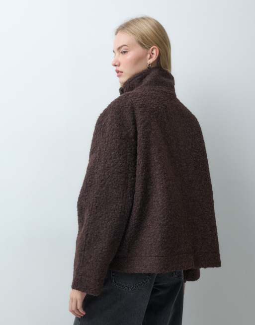 Pieces funnel neck textured short jacket with toggle fastening in brown, 4 of 4