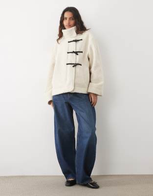 Pieces Funnel Neck Textured Short Jacket With Toggle Fastening In Neutral