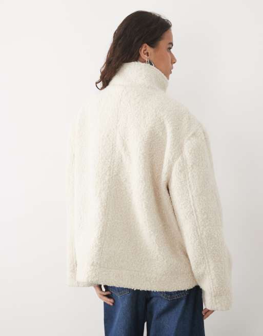 Pieces funnel neck textured short jacket with toggle fastening in cream, 2 of 4