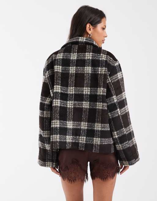 Pieces funnel neck with toggle fastenings in brown check print, 2 of 4