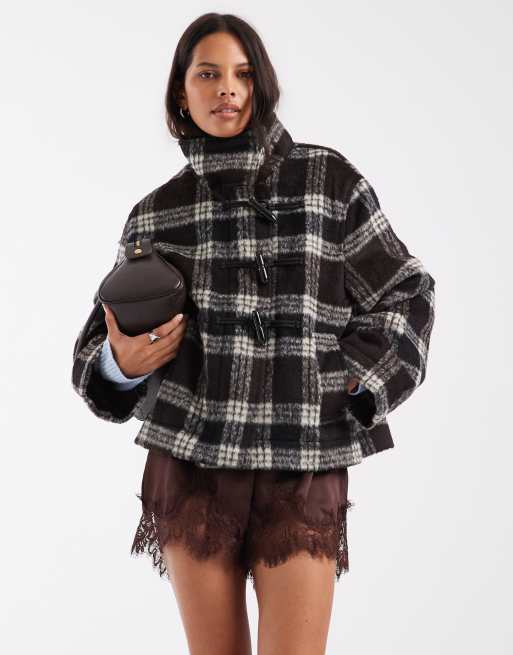 Pieces funnel neck with toggle fastenings in brown check print, 3 of 4