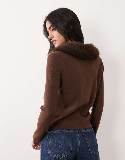 Pieces fur trim knitted cardigan in chocolate brown, 3 of 4