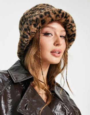 Pieces furry bucket hat in brown leopard