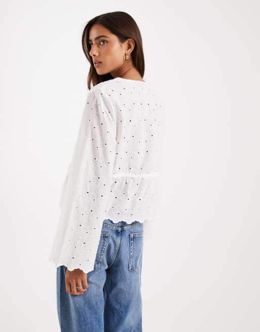Pieces - Geborduurde blouse met lange mouwen en detail aan de taille in wit, 2 van 4