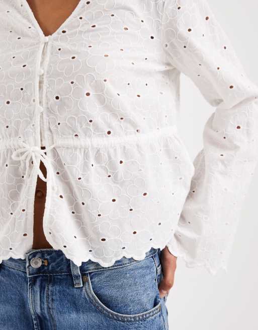 Pieces - Geborduurde blouse met lange mouwen en detail aan de taille in wit, 3 van 4