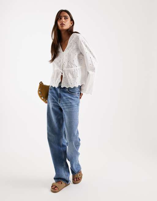 Pieces - Geborduurde blouse met lange mouwen en detail aan de taille in wit, 4 van 4