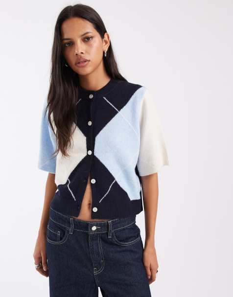 Pieces gebreid vest met korte mouwen en navy argyle print - view 1