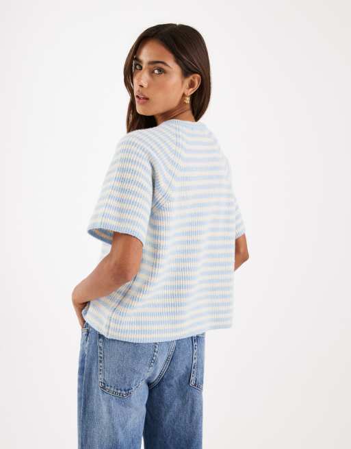 Pieces - Gebreid vest met korte mouwen en strepen in beige, 3 van 4