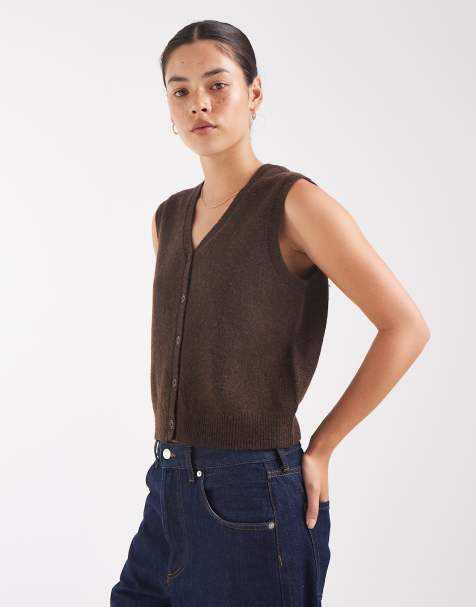 Pieces gebreid vest met V-hals en knoopsluiting in chocoladebruin - view 1