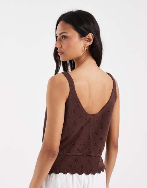 Pieces - Gebreide camitop met gestrikte taille en broderie in koffiebruin, 4 van 4