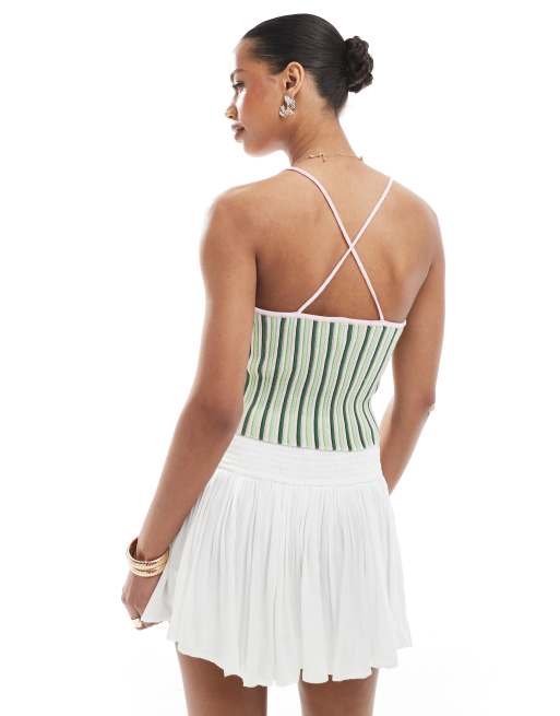 PIECES - Gebreide cropped top met textuur en camibandjes in groene streep, 3 van 4