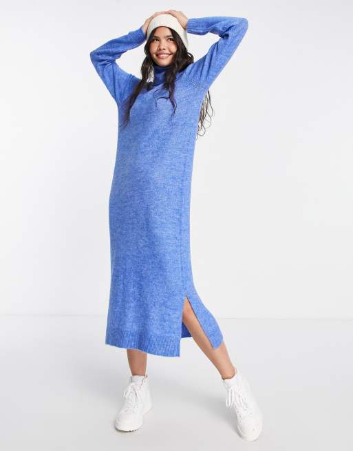 Pieces - Gebreide midi-jurk met col in felblauw