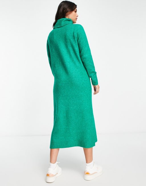 Pieces - Gebreide midi-jurk met col in felgroen, 2 van 4