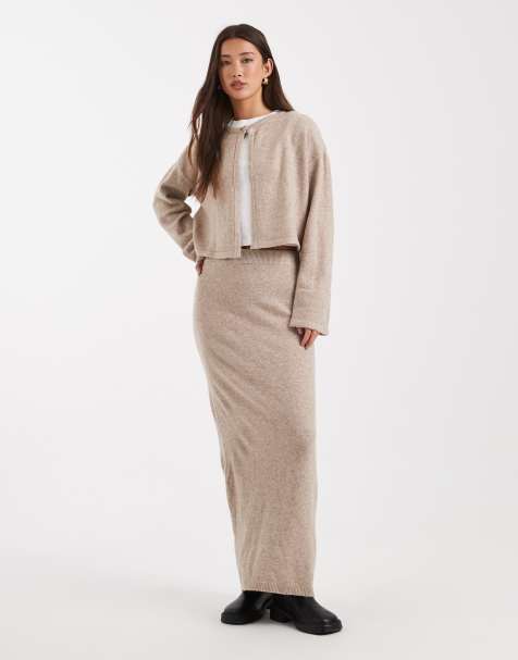 Pieces - Gebreide midirok in gemêleerd taupegrijs, deel van co-ord set - view 1
