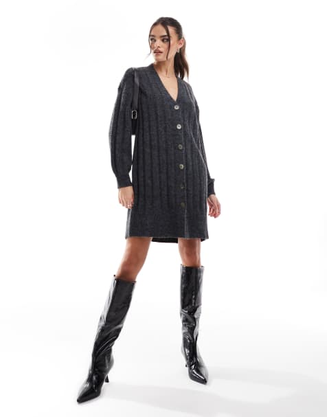 Pieces - Gebreide mini jurk-vest met brede rib in donkergrijs - view 1