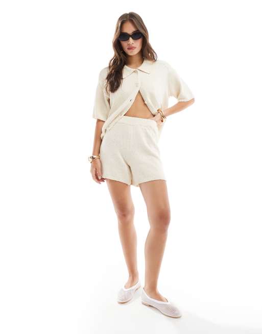 Pieces - Gebreide short in crème, deel van combi-set