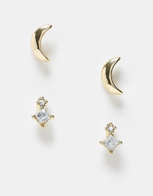 gem stud and half moon stud 2-pack earrings in gold