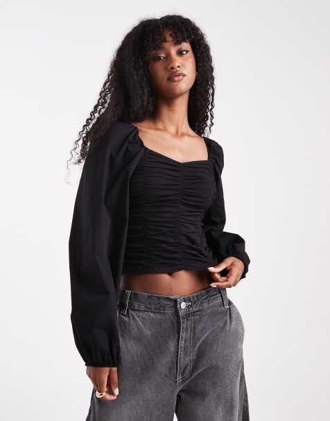 Pieces – Geraffte, langärmlige Bluse in Schwarz - view 1