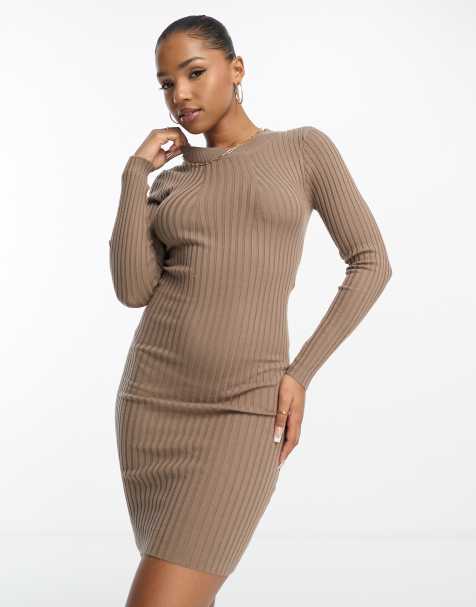 Pieces - Geribbelde gebreide mini jurk in camel - view 1