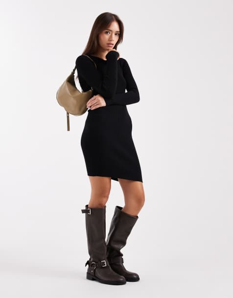 Pieces - Geribbelde mini trui-jurk met rits in zwart - view 1