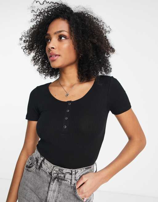 Pieces - Geribbelde top met drukknopen aan de voorkant in zwart, 3 van 4