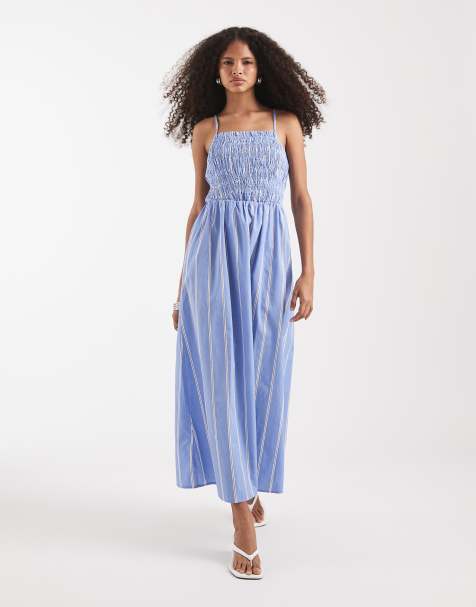 Pieces - Gerimpelde maxi cami-jurk van katoen in blauw met witte strepen - view 1