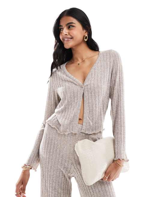 Pieces – Gerippte Jersey-Strickjacke zum Hineinschlüpfen in meliertem Beige, Kombiteil