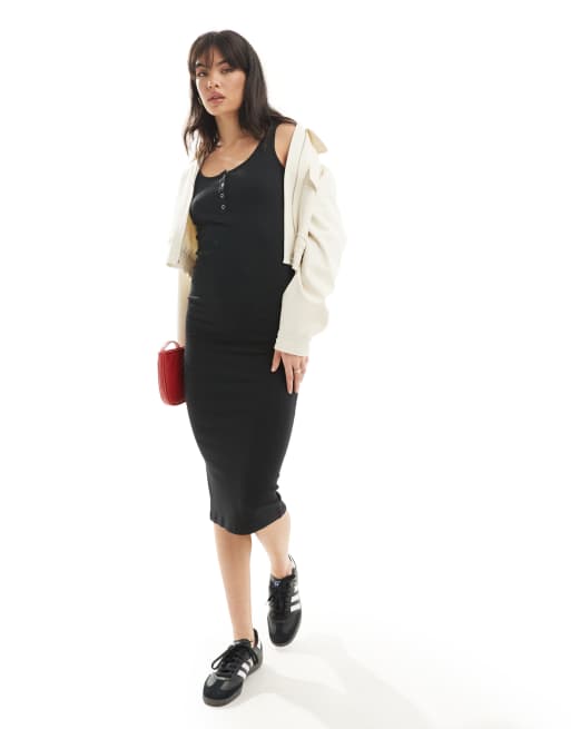 Pieces – Geripptes Midikleid in Schwarz mit Druckknopfleiste, 3 von 4