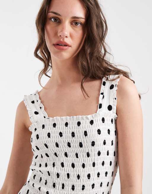Pieces - Gesmokte mini jurk met ruches en stippen in wit en zwart, 3 van 4